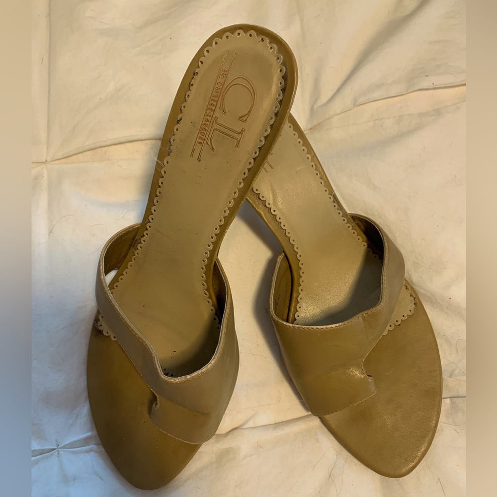 Warm tan, size 8.5, slide sandals with 2.5 inch heel